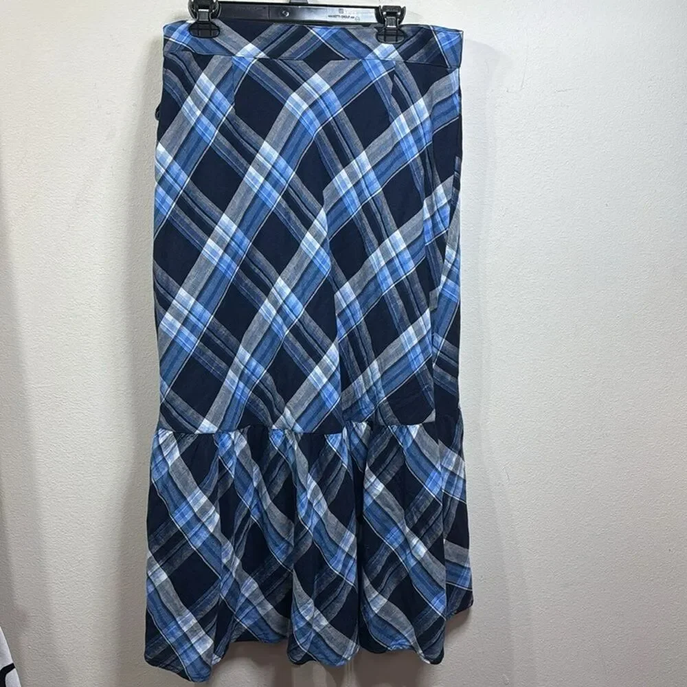 (K2) LAUREN RALPH LAUREN Asymmetrical Ruffle Skirt Navy Blue Midi Skirt, Sz L - Picture 8 of 16